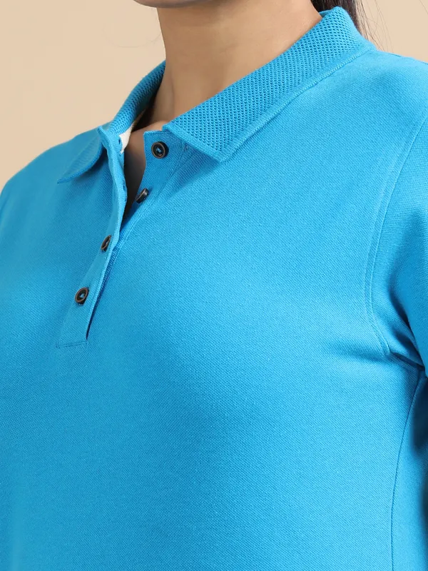 Aqua_Blue_Sustainable_Jacquard_Cotton_And_Polyester_Polo_Neck_T_Shirt_For_Women