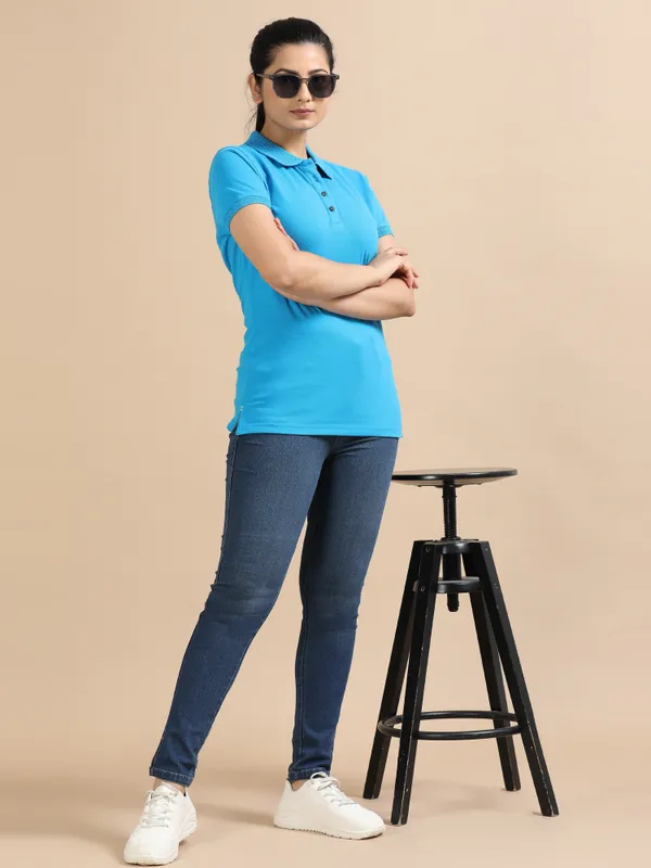 Aqua_Blue_Sustainable_Jacquard_Cotton_And_Polyester_Polo_Neck_T_Shirt_For_Women