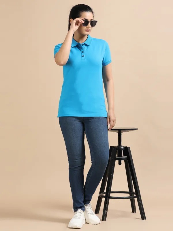 Aqua_Blue_Sustainable_Jacquard_Cotton_And_Polyester_Polo_Neck_T_Shirt_For_Women