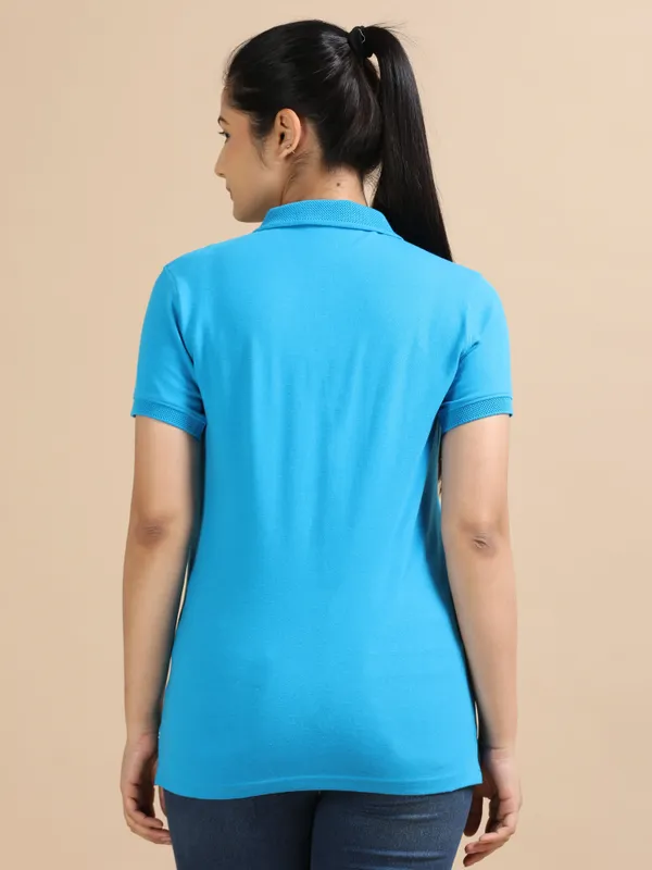 Aqua_Blue_Sustainable_Jacquard_Cotton_And_Polyester_Polo_Neck_T_Shirt_For_Women