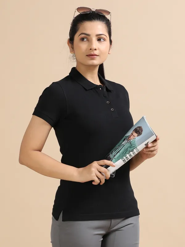 Black_Sustainable_Jacquard_Cotton_And_Polyester_Polo_Neck_T_Shirt_For_Women