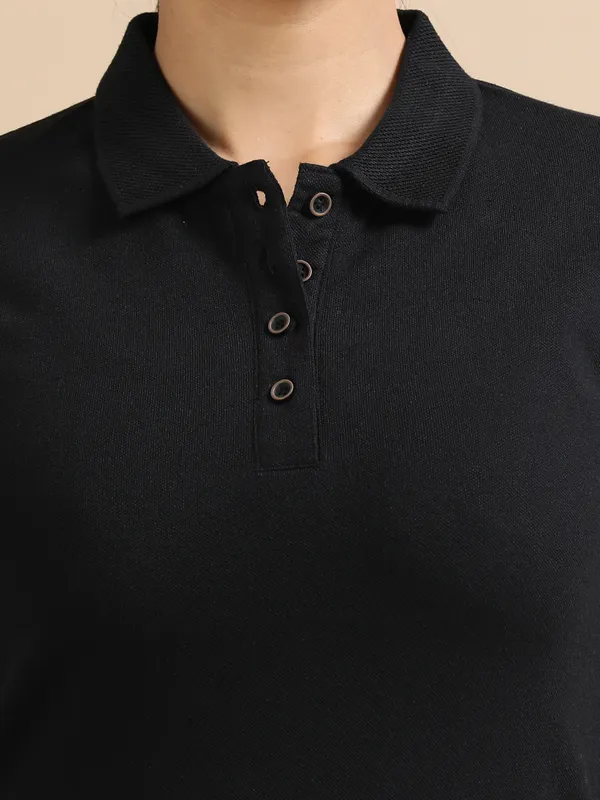 Black_Sustainable_Jacquard_Cotton_And_Polyester_Polo_Neck_T_Shirt_For_Women