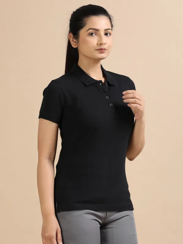 Black_Sustainable_Jacquard_Cotton_And_Polyester_Polo_Neck_T_Shirt_For_Women