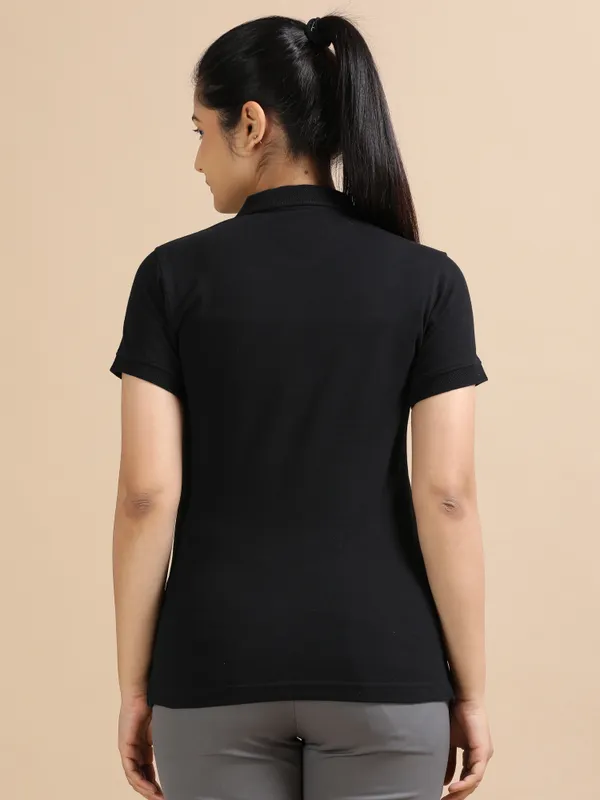 Black_Sustainable_Jacquard_Cotton_And_Polyester_Polo_Neck_T_Shirt_For_Women