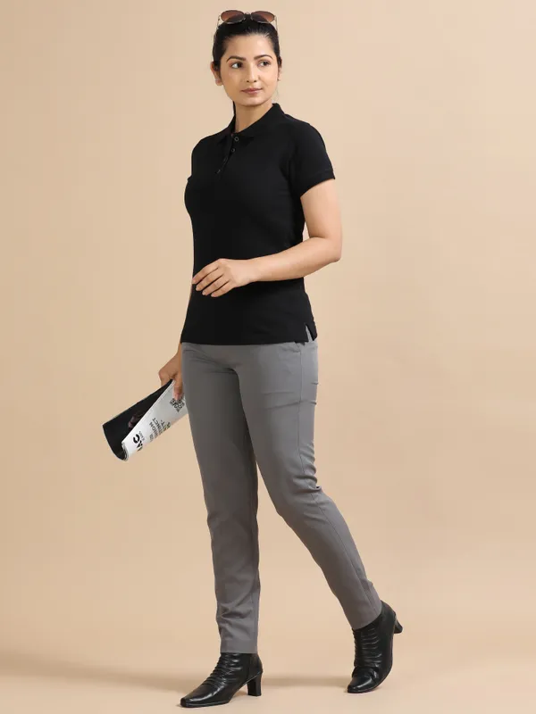 Black_Sustainable_Jacquard_Cotton_And_Polyester_Polo_Neck_T_Shirt_For_Women