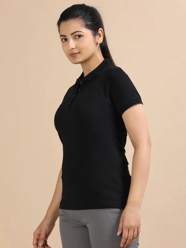 Black_Sustainable_Jacquard_Cotton_And_Polyester_Polo_Neck_T_Shirt_For_Women