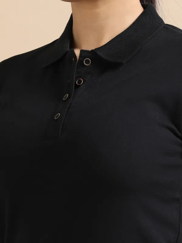Black_Sustainable_Jacquard_Cotton_And_Polyester_Polo_Neck_T_Shirt_For_Women