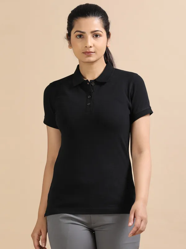 Black_Sustainable_Jacquard_Cotton_And_Polyester_Polo_Neck_T_Shirt_For_Women