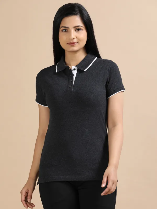 Charcoal_Sustainable_Jacquard_Cotton_And_Polyester_Polo_Neck_T_Shirt_For_Women