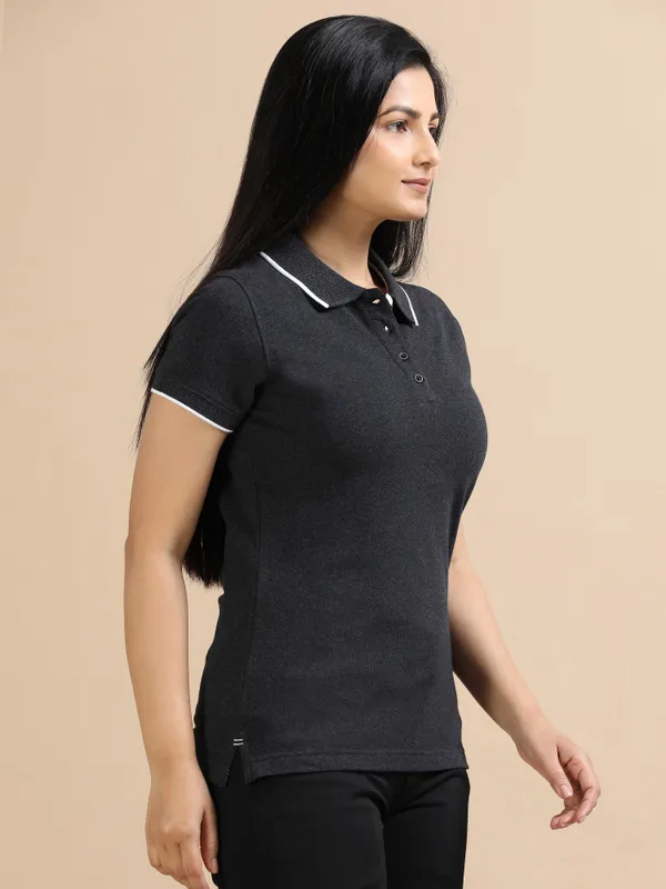 Charcoal_Sustainable_Jacquard_Cotton_And_Polyester_Polo_Neck_T_Shirt_For_Women