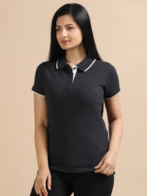 Charcoal_Sustainable_Jacquard_Cotton_And_Polyester_Polo_Neck_T_Shirt_For_Women
