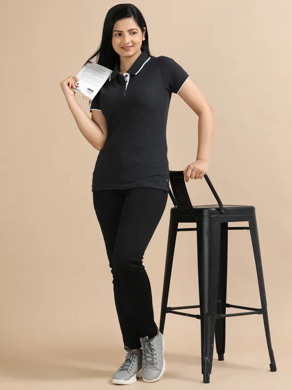 Charcoal_Sustainable_Jacquard_Cotton_And_Polyester_Polo_Neck_T_Shirt_For_Women