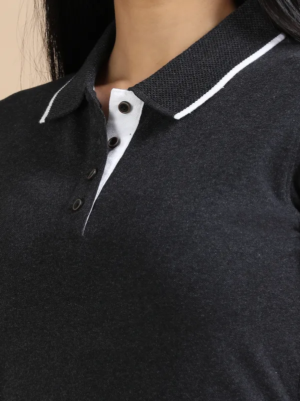Charcoal_Sustainable_Jacquard_Cotton_And_Polyester_Polo_Neck_T_Shirt_For_Women