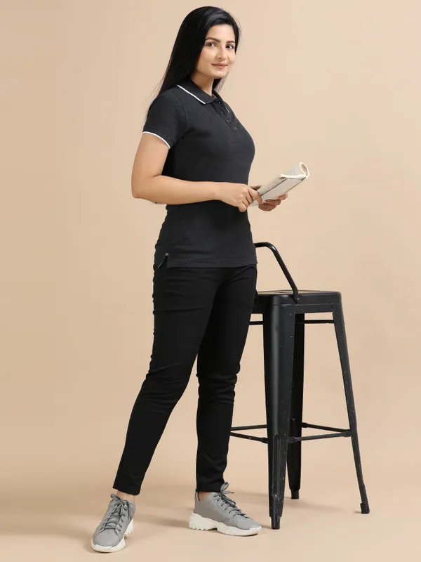 Charcoal_Sustainable_Jacquard_Cotton_And_Polyester_Polo_Neck_T_Shirt_For_Women