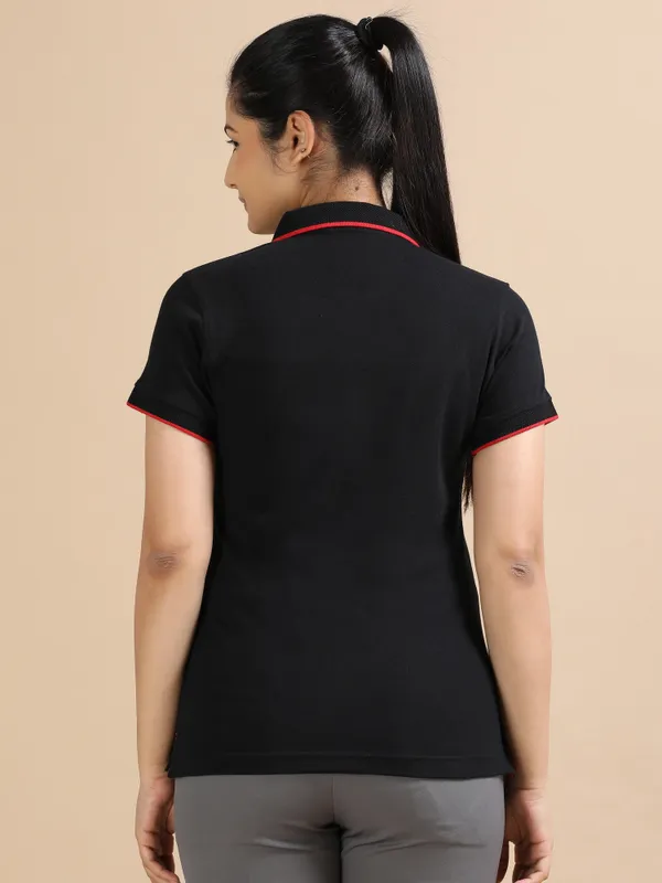 Classic_Black_Sustainable_Jacquard_Cotton_And_Polyester_Polo_Neck_T_Shirt_For_Women