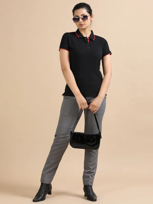 Classic_Black_Sustainable_Jacquard_Cotton_And_Polyester_Polo_Neck_T_Shirt_For_Women