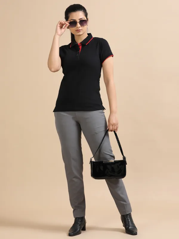 Classic_Black_Sustainable_Jacquard_Cotton_And_Polyester_Polo_Neck_T_Shirt_For_Women