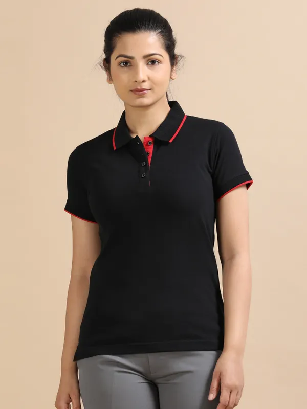 Classic_Black_Sustainable_Jacquard_Cotton_And_Polyester_Polo_Neck_T_Shirt_For_Women