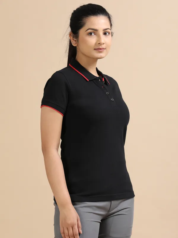 Classic_Black_Sustainable_Jacquard_Cotton_And_Polyester_Polo_Neck_T_Shirt_For_Women