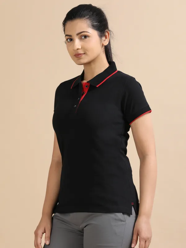Classic_Black_Sustainable_Jacquard_Cotton_And_Polyester_Polo_Neck_T_Shirt_For_Women