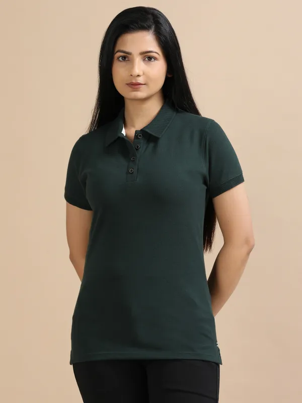 Forest_Green_Sustainable_Jacquard_Cotton_And_Polyester_Polo_Neck_T_Shirt_For_Women