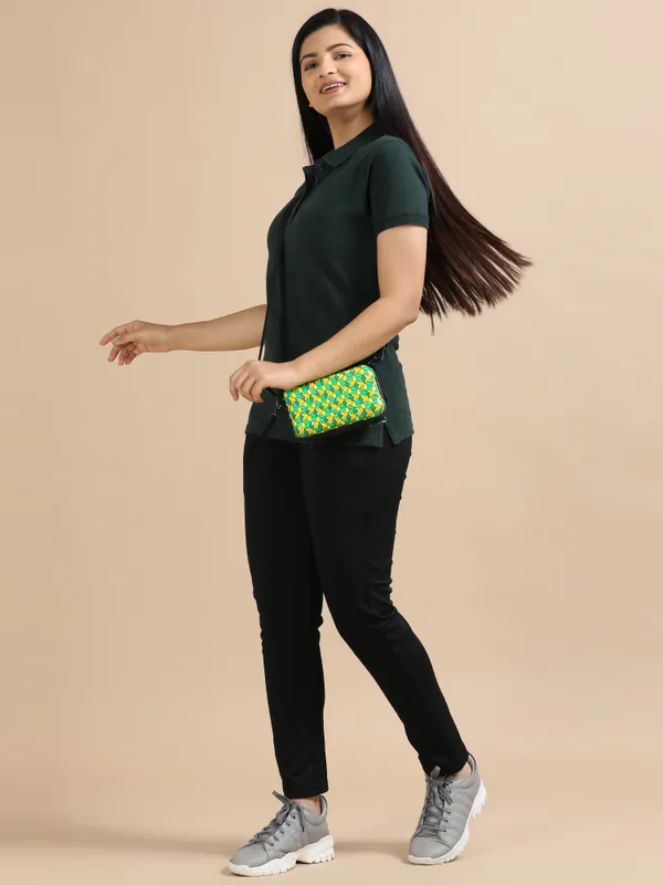 Forest_Green_Sustainable_Jacquard_Cotton_And_Polyester_Polo_Neck_T_Shirt_For_Women