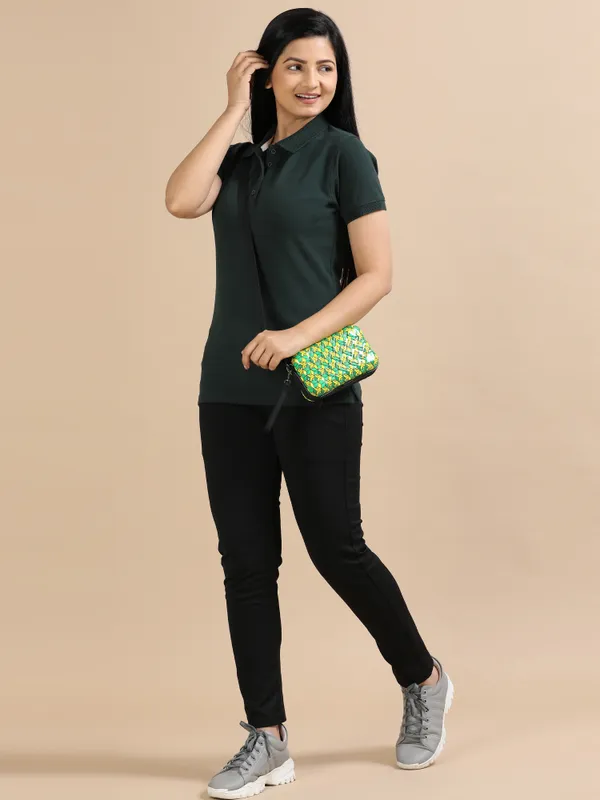 Forest_Green_Sustainable_Jacquard_Cotton_And_Polyester_Polo_Neck_T_Shirt_For_Women
