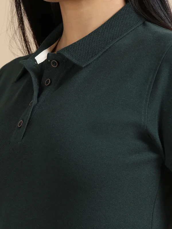 Forest_Green_Sustainable_Jacquard_Cotton_And_Polyester_Polo_Neck_T_Shirt_For_Women