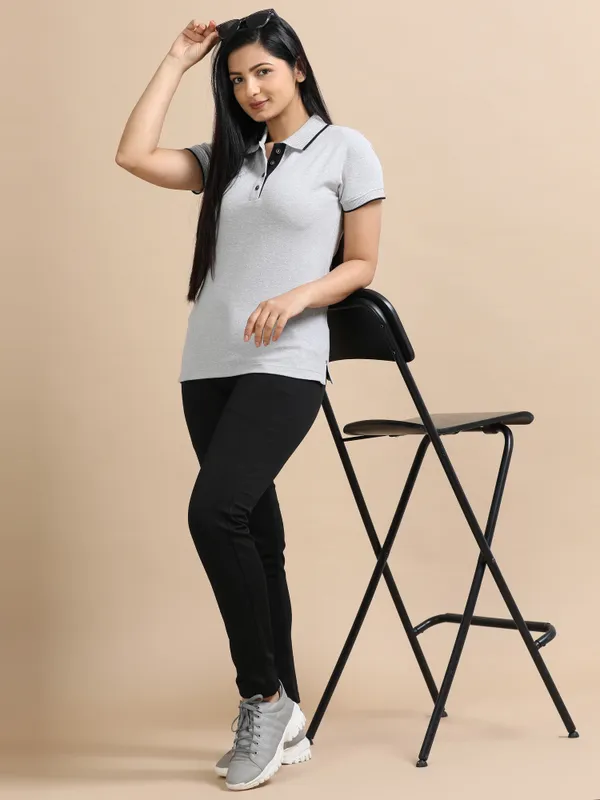 Grey_Sustainable_Jacquard_Cotton_And_Polyester_Polo_Neck_T_Shirt_For_Women