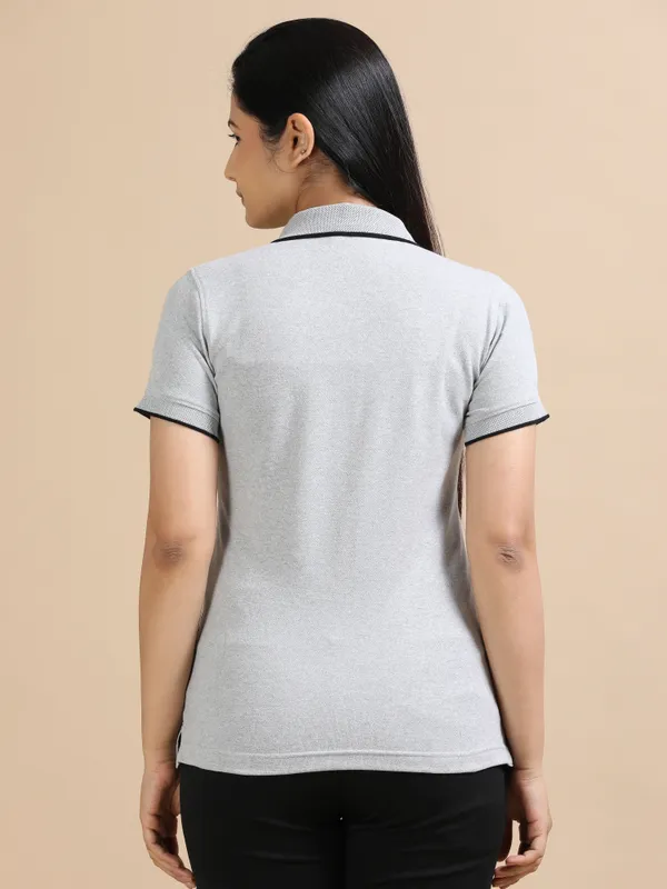 Grey_Sustainable_Jacquard_Cotton_And_Polyester_Polo_Neck_T_Shirt_For_Women