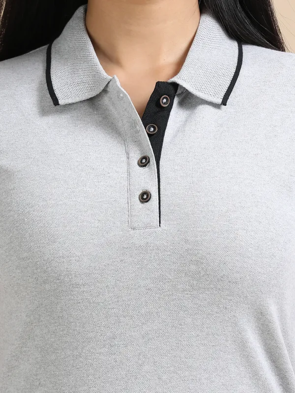 Grey_Sustainable_Jacquard_Cotton_And_Polyester_Polo_Neck_T_Shirt_For_Women