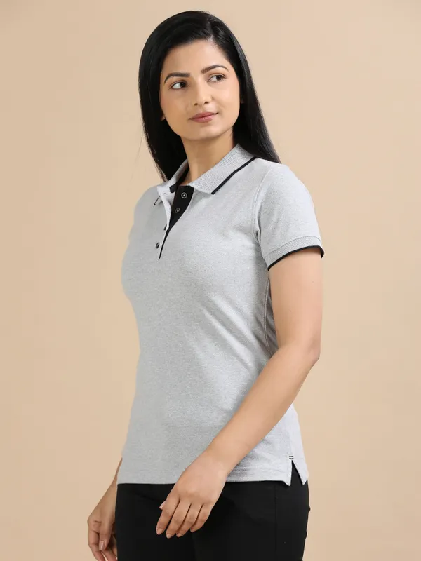 Grey_Sustainable_Jacquard_Cotton_And_Polyester_Polo_Neck_T_Shirt_For_Women