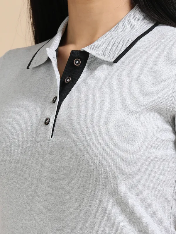 Grey_Sustainable_Jacquard_Cotton_And_Polyester_Polo_Neck_T_Shirt_For_Women