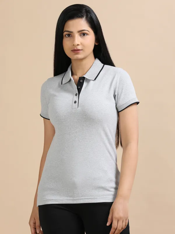 Grey_Sustainable_Jacquard_Cotton_And_Polyester_Polo_Neck_T_Shirt_For_Women