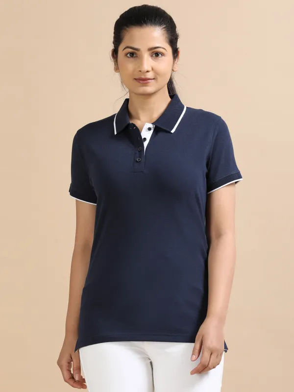 Navy_Blue_Sustainable_Jacquard_Cotton_And_Polyester_Polo_Neck_T_Shirt_For_Women