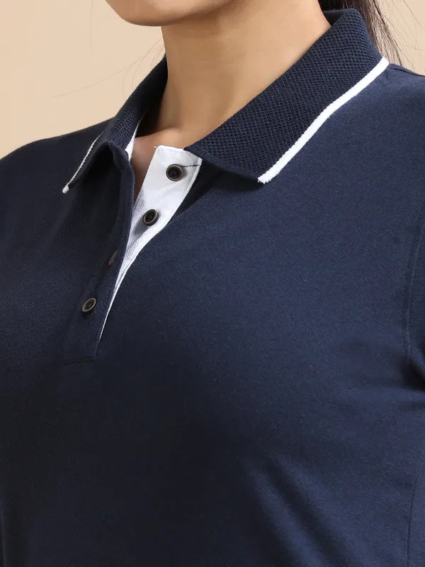 Navy_Blue_Sustainable_Jacquard_Cotton_And_Polyester_Polo_Neck_T_Shirt_For_Women