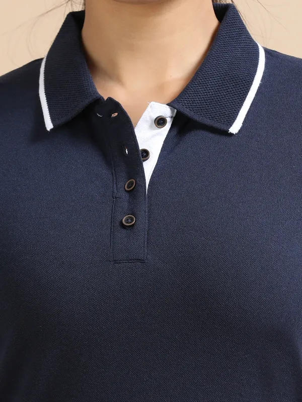 Navy_Blue_Sustainable_Jacquard_Cotton_And_Polyester_Polo_Neck_T_Shirt_For_Women