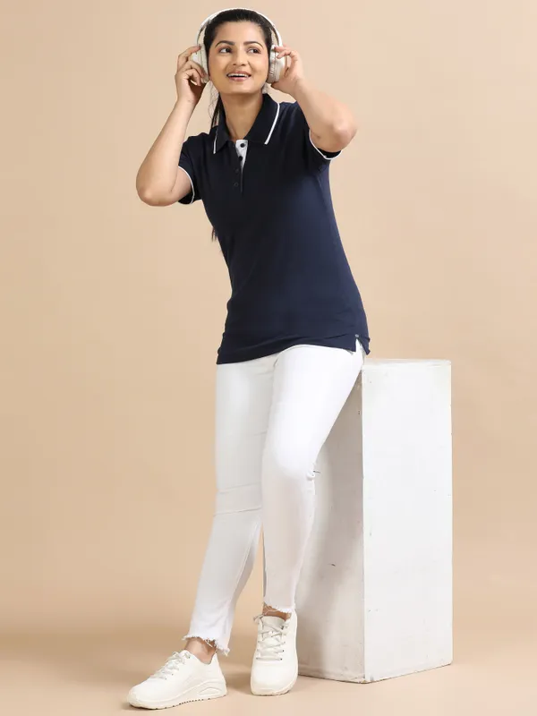 Navy_Blue_Sustainable_Jacquard_Cotton_And_Polyester_Polo_Neck_T_Shirt_For_Women