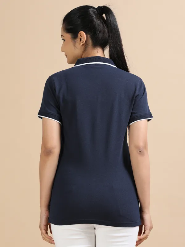 Navy_Blue_Sustainable_Jacquard_Cotton_And_Polyester_Polo_Neck_T_Shirt_For_Women