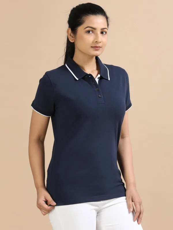 Navy_Blue_Sustainable_Jacquard_Cotton_And_Polyester_Polo_Neck_T_Shirt_For_Women