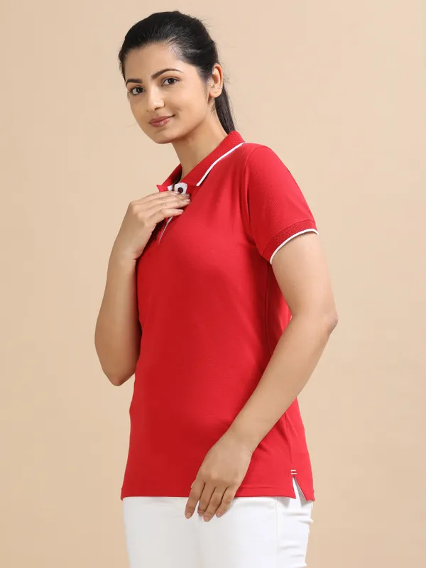 Red_Sustainable_Jacquard_Cotton_And_Polyester_Polo_Neck_T_Shirt_For_Women