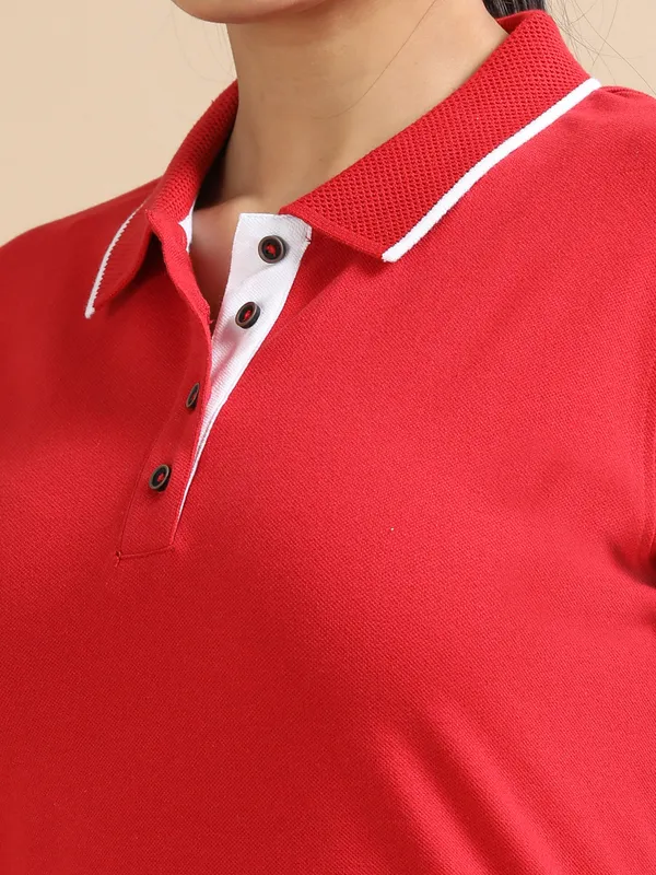 Red_Sustainable_Jacquard_Cotton_And_Polyester_Polo_Neck_T_Shirt_For_Women