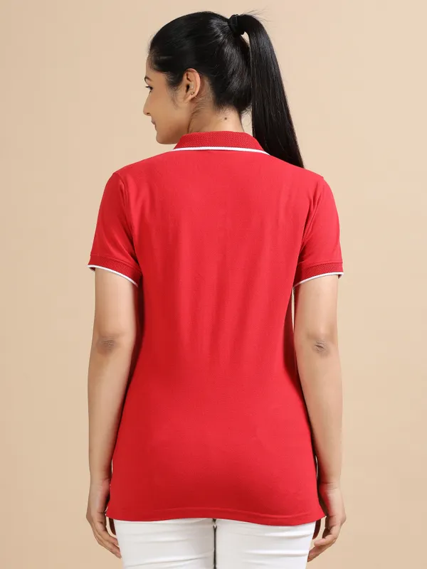 Red_Sustainable_Jacquard_Cotton_And_Polyester_Polo_Neck_T_Shirt_For_Women