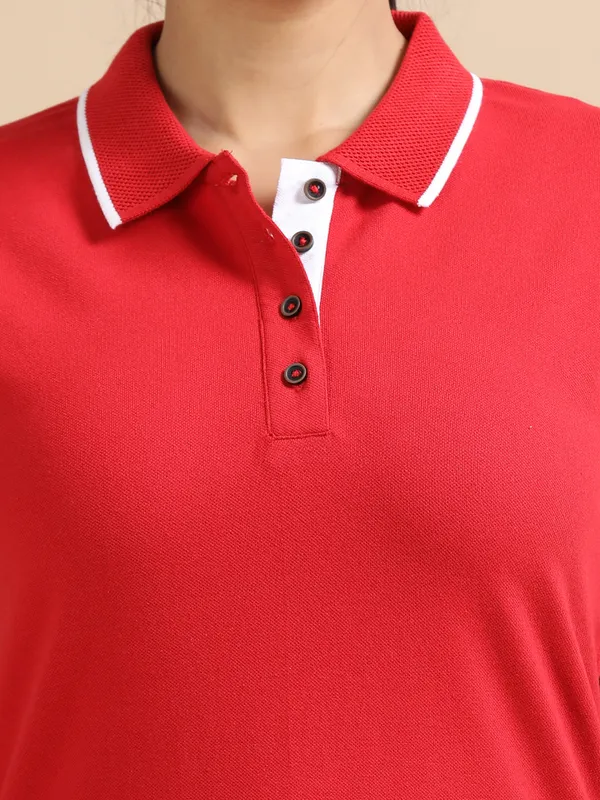 Red_Sustainable_Jacquard_Cotton_And_Polyester_Polo_Neck_T_Shirt_For_Women