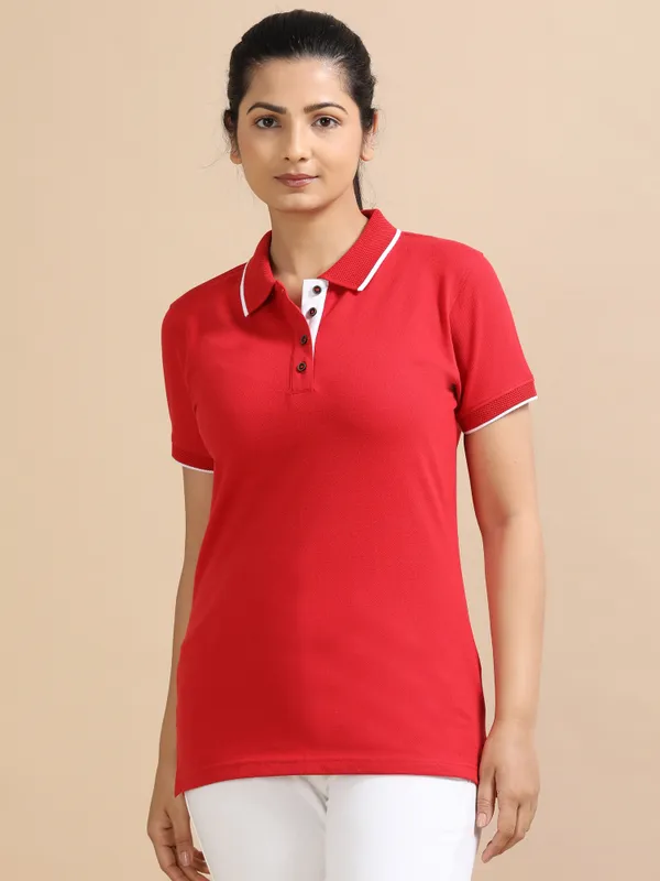 Red_Sustainable_Jacquard_Cotton_And_Polyester_Polo_Neck_T_Shirt_For_Women