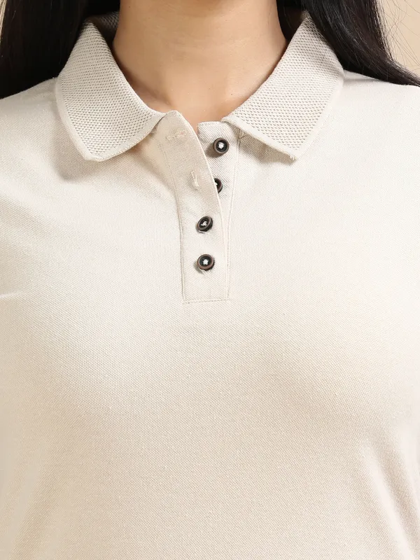 Sand_Beige_Sustainable_Jacquard_Cotton_And_Polyester_Polo_Neck_T_Shirt_For_Women