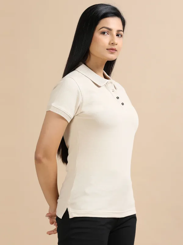 Sand_Beige_Sustainable_Jacquard_Cotton_And_Polyester_Polo_Neck_T_Shirt_For_Women