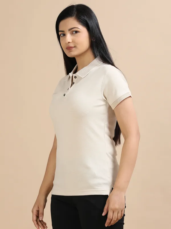 Sand_Beige_Sustainable_Jacquard_Cotton_And_Polyester_Polo_Neck_T_Shirt_For_Women