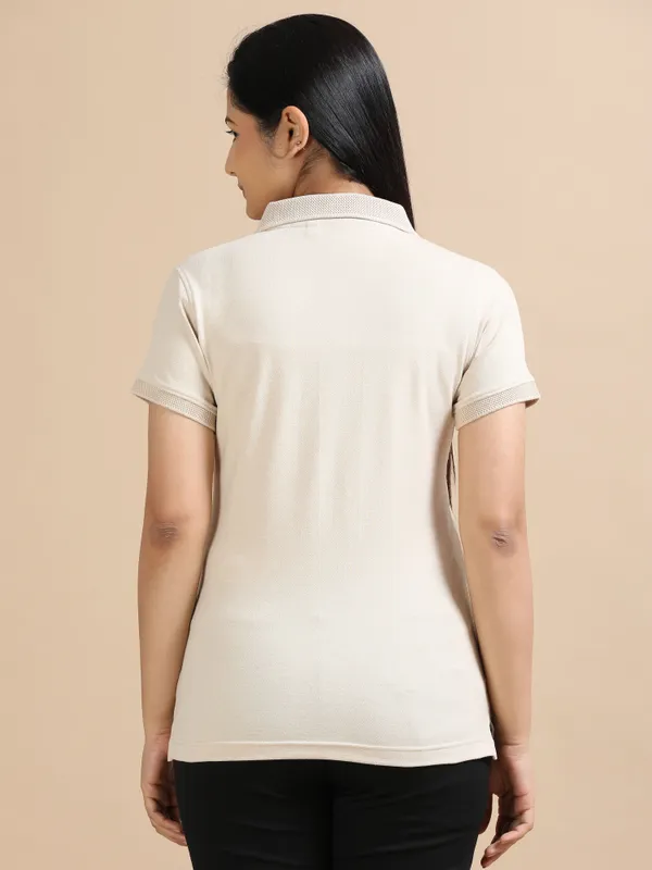 Sand_Beige_Sustainable_Jacquard_Cotton_And_Polyester_Polo_Neck_T_Shirt_For_Women