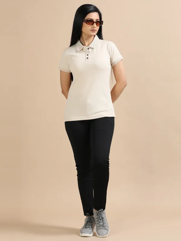 Sand_Beige_Sustainable_Jacquard_Cotton_And_Polyester_Polo_Neck_T_Shirt_For_Women